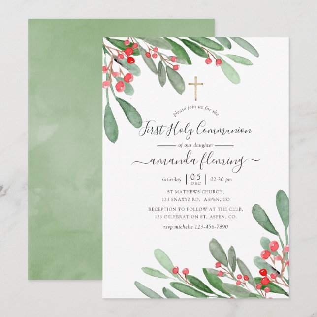 Invitación Watercolor Holly Jolly Navidades Santa Comunión (Anverso / Reverso)