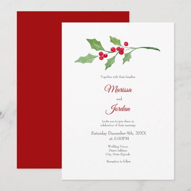 Invitación Watercolor Holly Sprig (Anverso / Reverso)