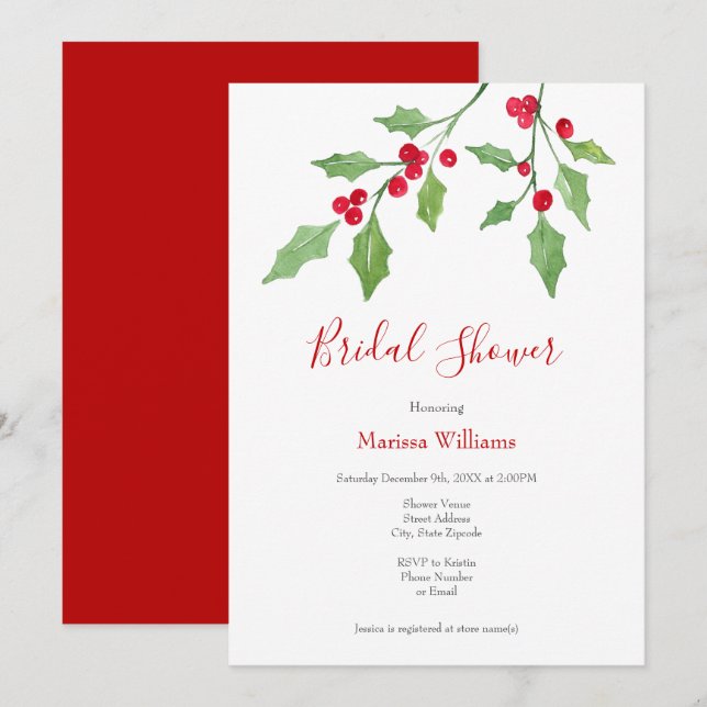 Invitación Watercolor Holly Sprigs (Anverso / Reverso)