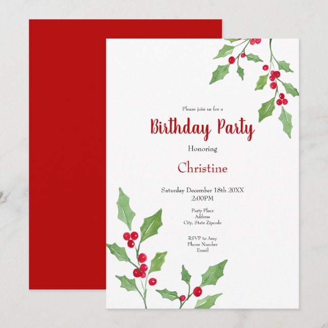 Invitación Watercolor Holly Sprigs (Anverso / Reverso)