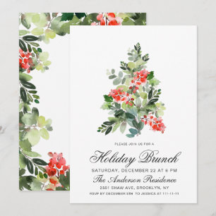 Invitación Watercolor Holly Tree Navidades Holiday Brunch