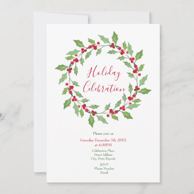 Invitación Watercolor Holly Wreath (Anverso)
