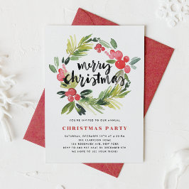 Invitación Watercolor Holly Wreath Merry Holiday Party