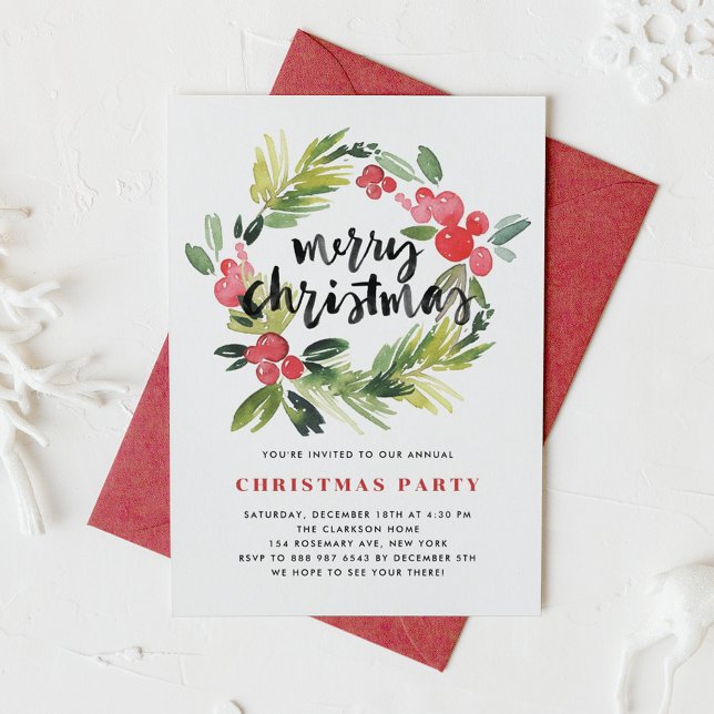 Invitación Watercolor Holly Wreath Merry Holiday Party (Subido por el creador)