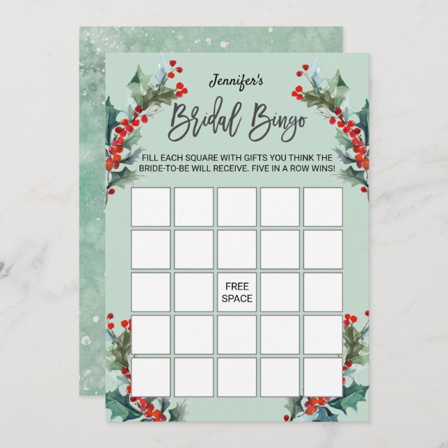 Invitación Watercolor Holly y Berries Bridal Bingo (Anverso / Reverso)
