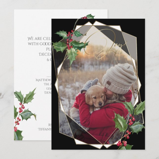 Invitación Watercolor Holly y Red Berries Black (Anverso / Reverso)