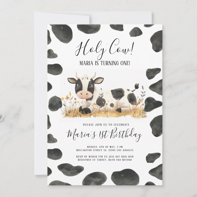 Invitación Watercolor Holy Cow Farm Birday Party (Anverso)
