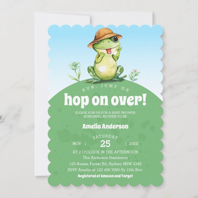 Invitación Watercolor Hop On Over Cute Frog Baby Shower (Anverso)