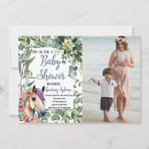 Invitación Watercolor Horse Floral Personalizado Foto Baby Sh