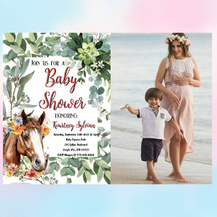 Invitación Watercolor Horse Floral Personalizado Foto Baby Sh