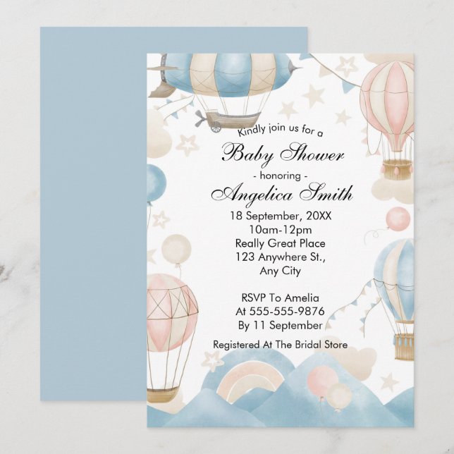 Invitación Watercolor Hot Air Balloon Baby Shower (Anverso / Reverso)