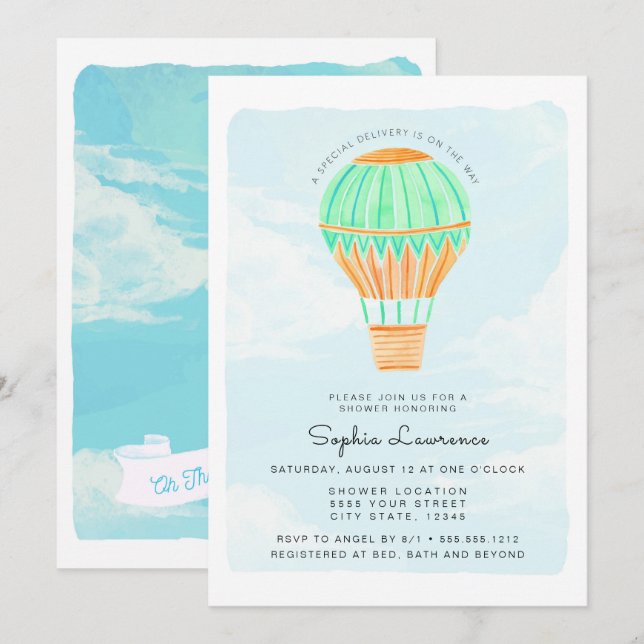 Invitación Watercolor Hot Air Balloon Baby Shower (Anverso / Reverso)
