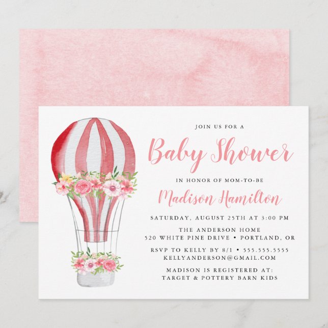 Invitación Watercolor Hot Air Balloon Baby Shower (Anverso / Reverso)