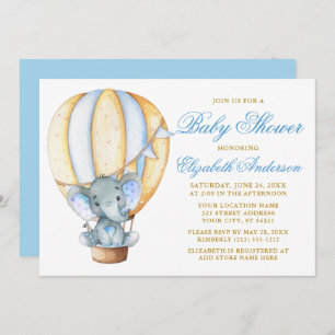 Invitación Watercolor Hot Air Balloon Elephant Baby Shower