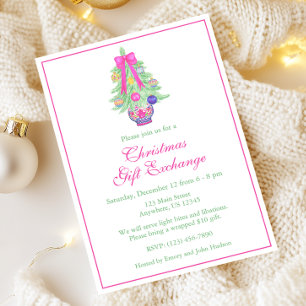 Invitación Watercolor Hot Pink Bows Ginger Jar Christmas Tree