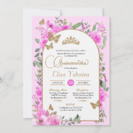 Invitación Watercolor Hot Pink Gold Butfly Quinceañera