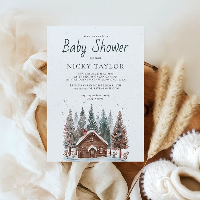 Invitación Watercolor House Pine Tree Snow Winter Baby Shower (Subido por el creador)