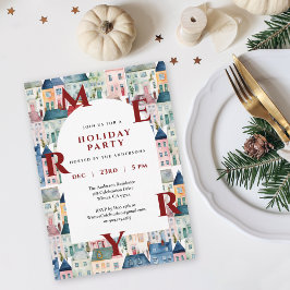 Invitación Watercolor Houses Red Merry Christmas Party 