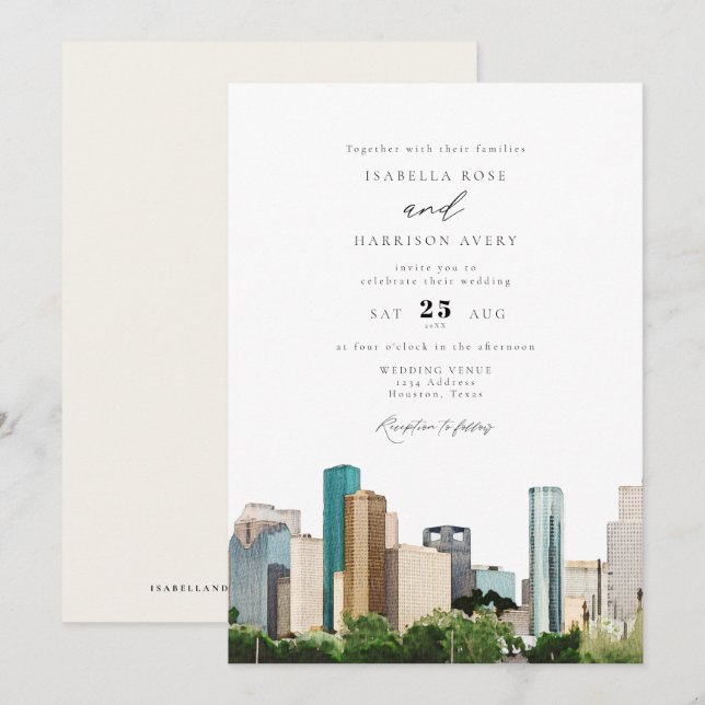 Invitación Watercolor Houston Texas City Skyline Boda (Anverso / Reverso)