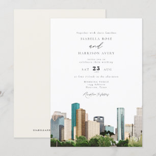 Invitación Watercolor Houston Texas City Skyline Boda