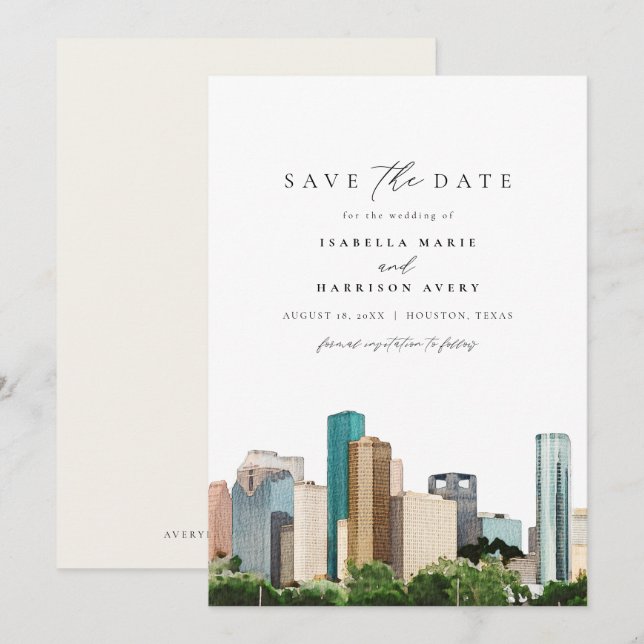 Invitación Watercolor Houston Texas Skyline Save the Date (Anverso / Reverso)