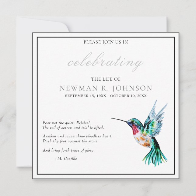 Invitación Watercolor Hummingbird Celebración de la Vida (Anverso)