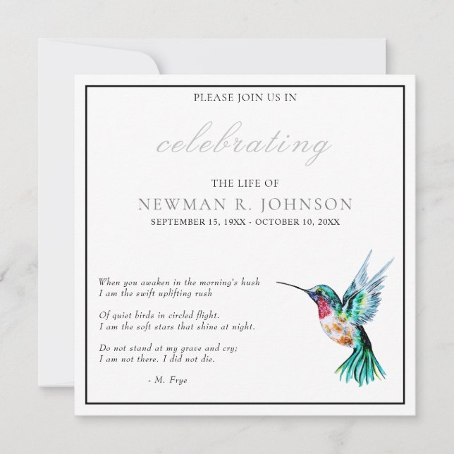 Invitación Watercolor Hummingbird Celebración de la Vida (Anverso)