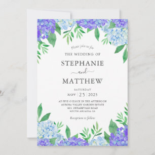 Invitación Watercolor Hydrangea Boda azul púrpura