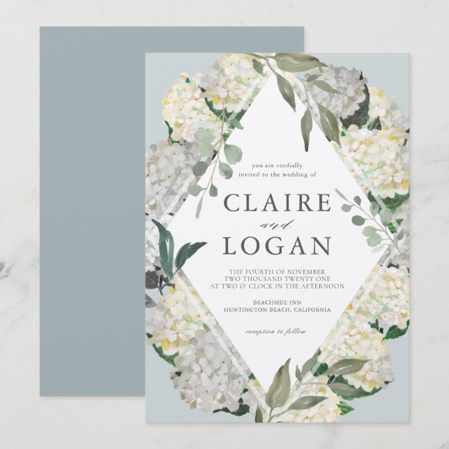Invitación Watercolor Hydrangea Dusty Blue Rhonbus Boda (Anverso / Reverso)