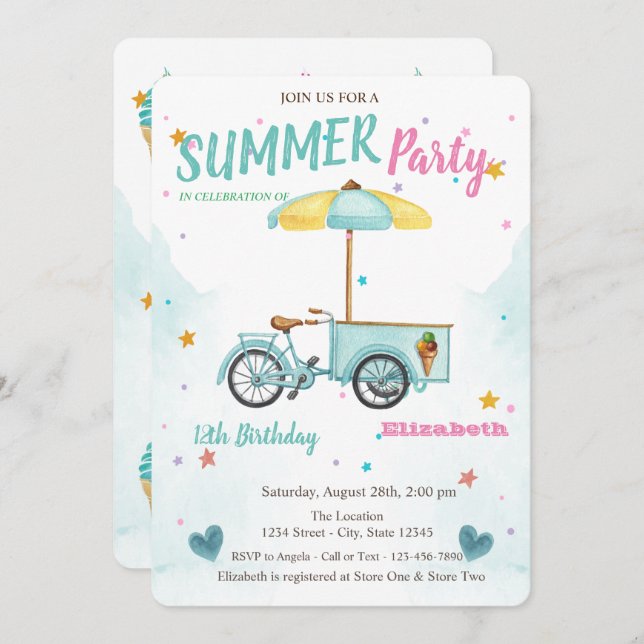 Invitación Watercolor Ice crema Bicicleta Estrellas Cumpleaño (Anverso / Reverso)