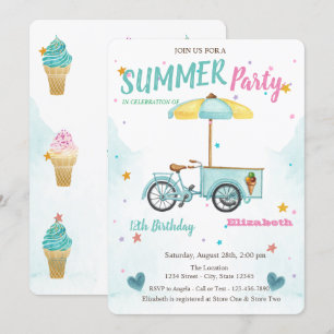 Invitación Watercolor Ice crema Bicicleta Estrellas Cumpleaño