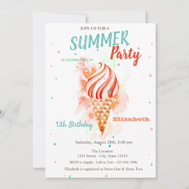 Invitación Watercolor Ice crema Stars Birday Party (Anverso)