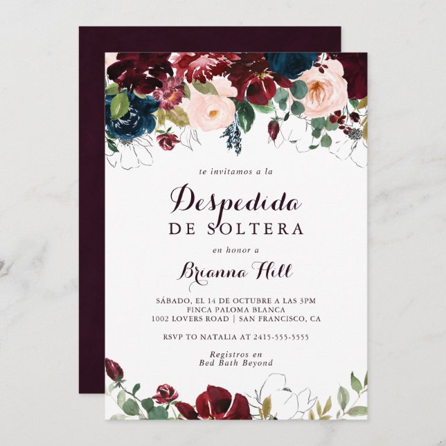 Invitación Watercolor Ilustrado Caer Ducha Bridal Española (Anverso / Reverso)