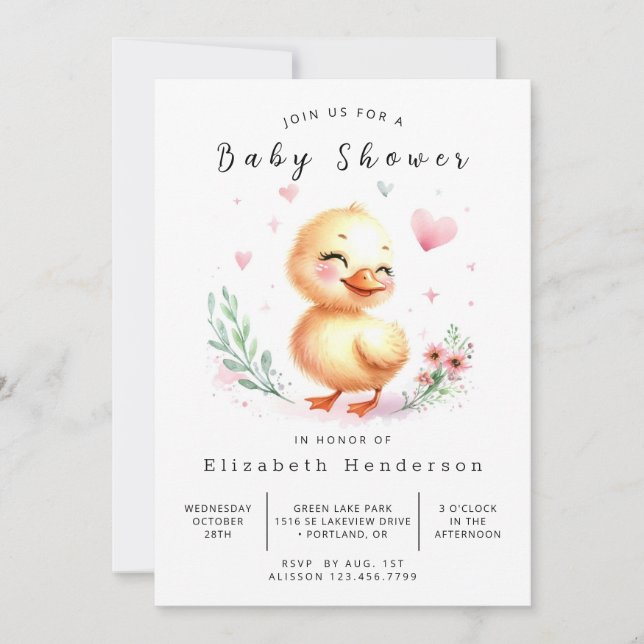Invitación Watercolor Impresable Duck Baby Shower (Anverso)
