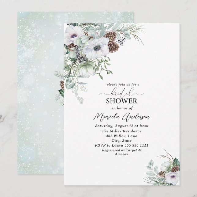 Invitación Watercolor Invierno Anemones Flores Bridal Showe (Anverso / Reverso)