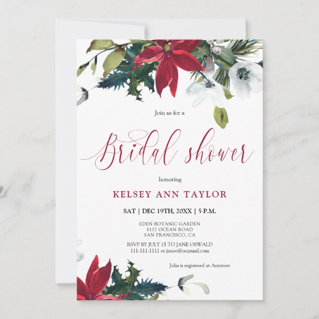Invitación Watercolor Invierno Poinsettia Bridal Shower (Anverso)