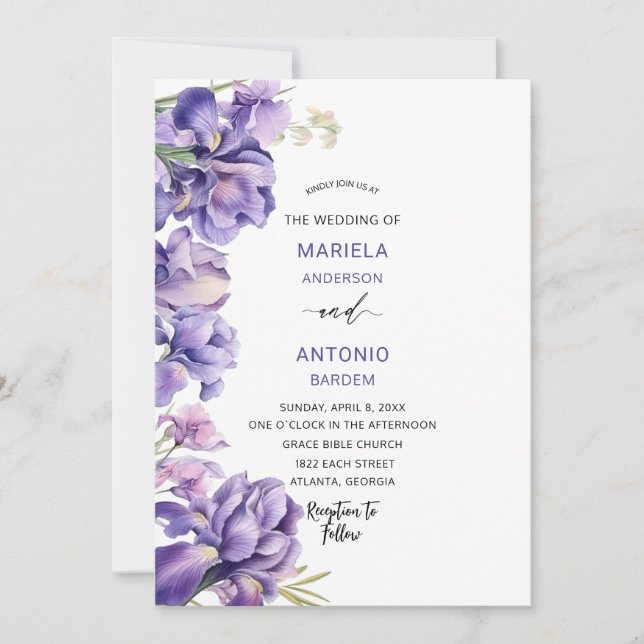 Invitación Watercolor Iris Lilac boda de acuarela floral (Anverso)