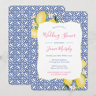 Invitación Watercolor Italiano Lemons Blue Tile Wedding Ducha