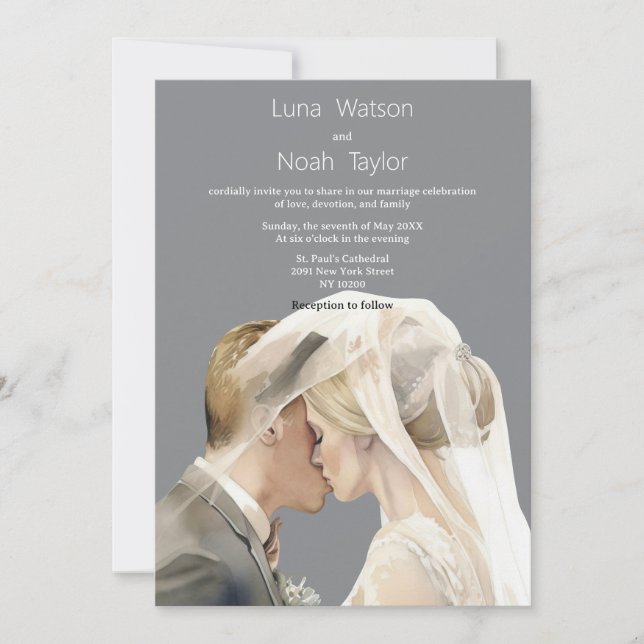 Invitación Watercolor ivory grey couple photo Wedding  (Anverso)
