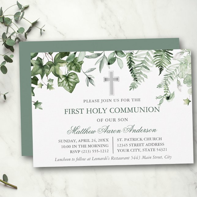 Invitación Watercolor Ivy Ferns Sage Green Communion (Customize to change text color, text style or color of back of card.)