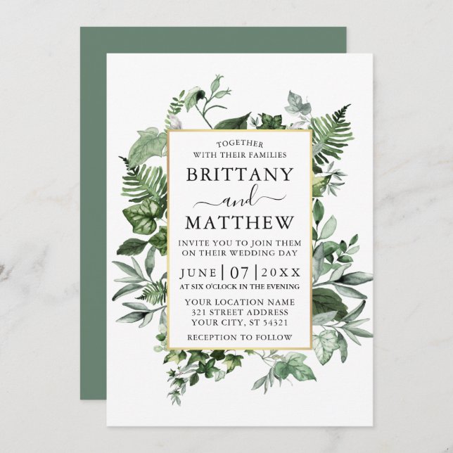 Invitación Watercolor Ivy Ferns Sage Green Gold Boda (Anverso / Reverso)