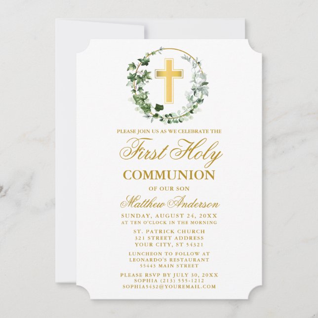 Invitación Watercolor Ivy Wreath Primer Oro De Comunión (Anverso)
