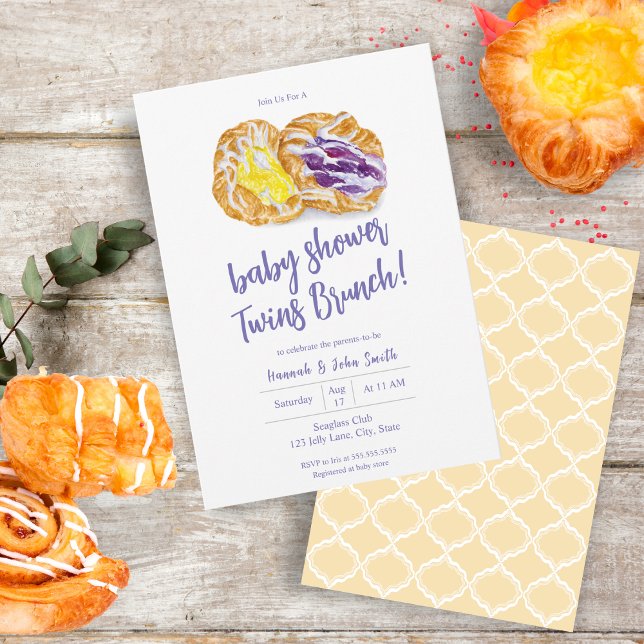 Invitación Watercolor Jelly Daniels Twins Baby Brunch (Sweet Baby Shower: Savor the Flavor of Irresistible Jelly Danishes!)