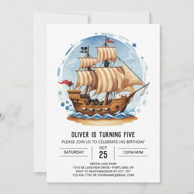 Invitación Watercolor Jolly Roger Matey Pirate Cumpleaños (Anverso)