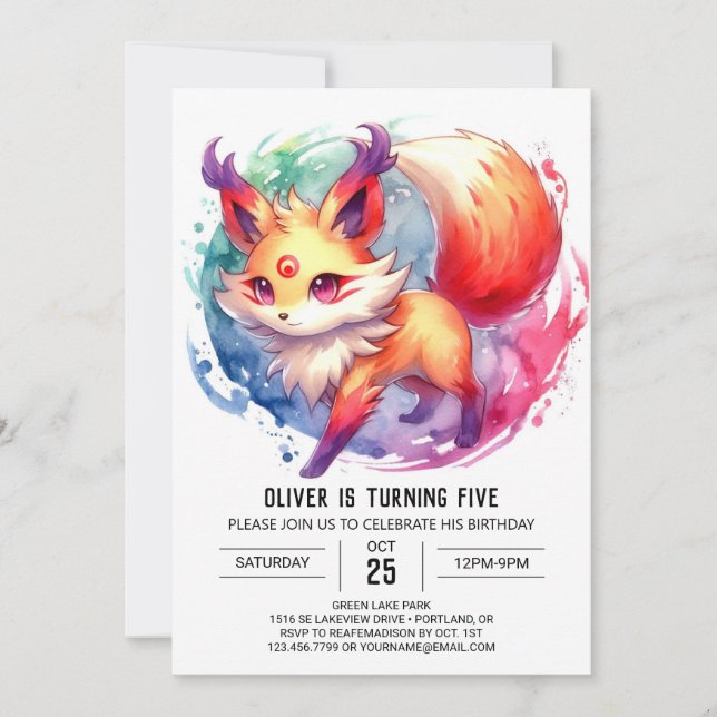 Invitación Watercolor Joyful Fox Birthday (Anverso)