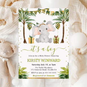 Invitación Watercolor Jungle Elephant Baby Boy Shower