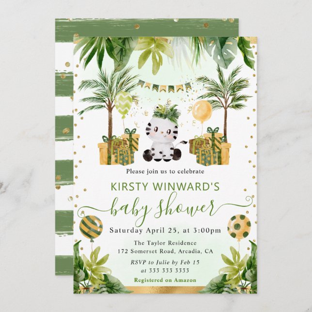 Invitación Watercolor Jungle Zebra Baby Shower (Anverso / Reverso)