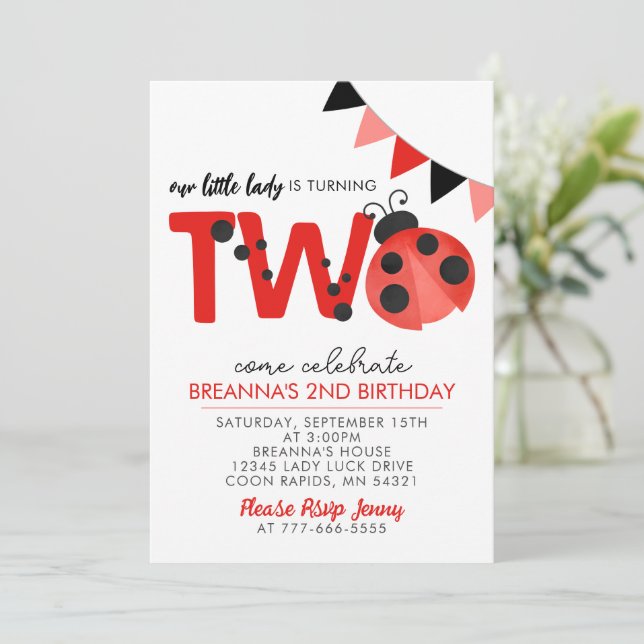 Invitación Watercolor Ladybug 2nd Birthday invitation (Anverso de pie)
