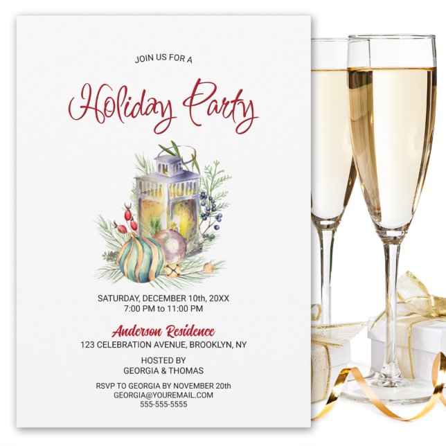 Invitación Watercolor Lantern and Baubles Holiday Party (Subido por el creador)