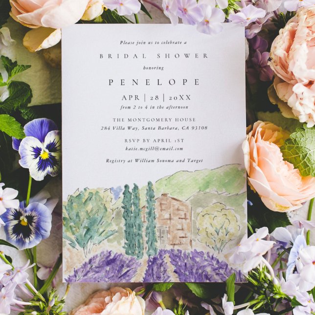 Invitación Watercolor Lavender Fields Ducha de novia (Watercolor lavender fields wedding bridal shower invitation.)